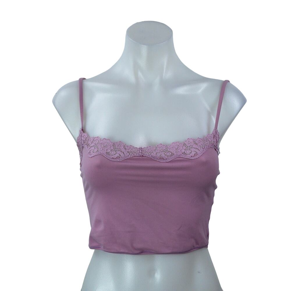 Skims Pink Floral Lace Trim Sleeveless Square Neck Cami Tank Crop Top Size M